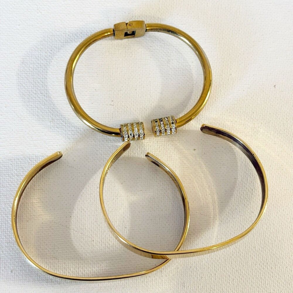 Gold Tone Bracelet Lot Sabona Cuff Brass Look Rhinestone Bangle